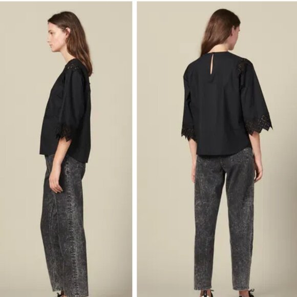 NEW! Sandro Paris | Black top with Guipure Lace Inserts - Picture 2 of 14